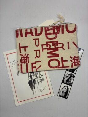 Karl Lagerfeld Cream Canvas Zip Pouch with Red Logo Print